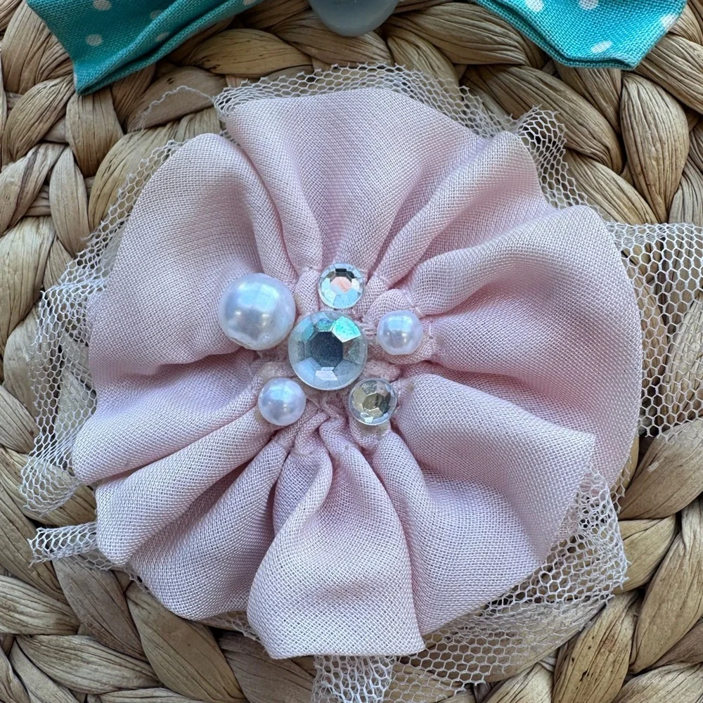 Turquoise Polka Dot Bow & Pink Flower Hair Clip Set for Kids